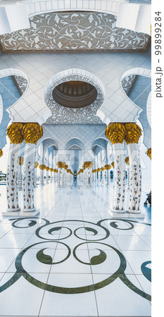 Sheikh Zayed Grand Mosque hallway corridor during sunset, in Abu Dhabi, United Arab Emirates 99899284