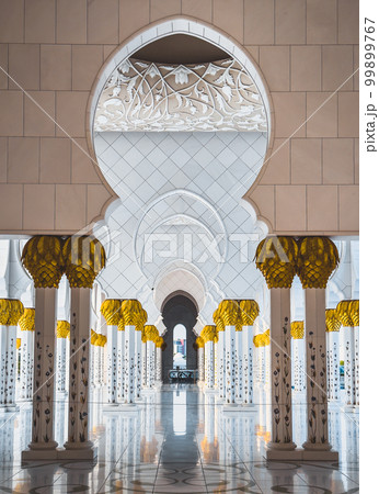 Sheikh Zayed Grand Mosque hallway corridor during sunset, in Abu Dhabi, United Arab Emirates Sheikh Zayed Grand Mosque hallway corridor during sunset, in Abu Dhabi, United Arab Emirates 99899767