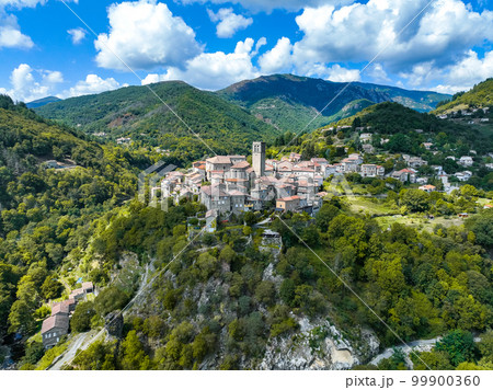 Aerial view of Antraigues sur Volane village in Ardeche, south of France 99900360