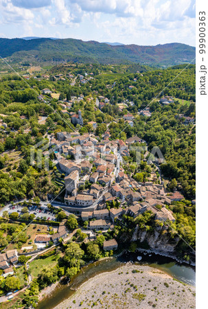 Aerial view of Balazuc, one of the most beautiful village in Ardeche, South of France 99900363