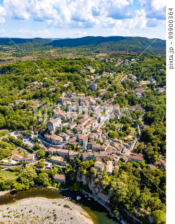Aerial view of Balazuc, one of the most beautiful village in Ardeche, South of France 99900364
