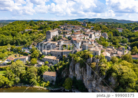 Aerial view of Balazuc, one of the most beautiful village in Ardeche, South of France 99900375