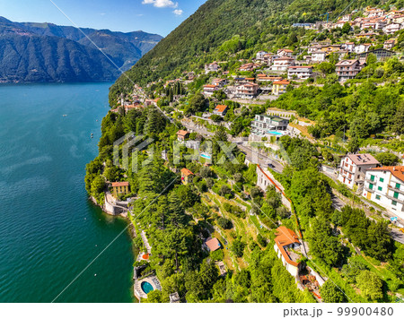 Aerial view of Nesso, a picturesque and colourful village sitting on the banks of Lake Como, Italy 99900480