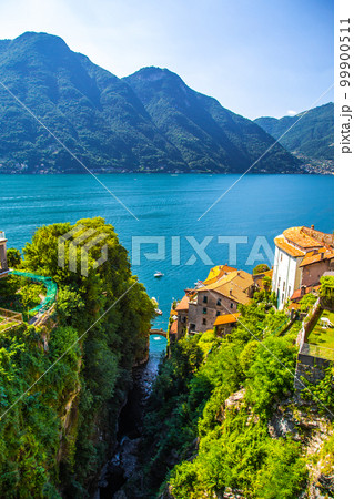 Aerial view of Nesso, a picturesque and colourful village sitting on the banks of Lake Como, Italy 99900511