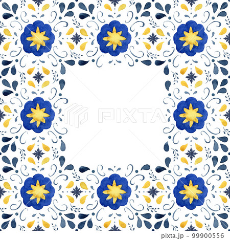 Watercolor classical frame consisting of blue, yelllow elements and Mediterranean tiles. Hand painted traditional illustration isolation on white background for design, print, fabric or background. Watercolor classical frame consisting of blue, yelllow elements and Mediterranean tiles. Hand painted traditional illustration isolation on white background for design, print, fabric or background. 99900556