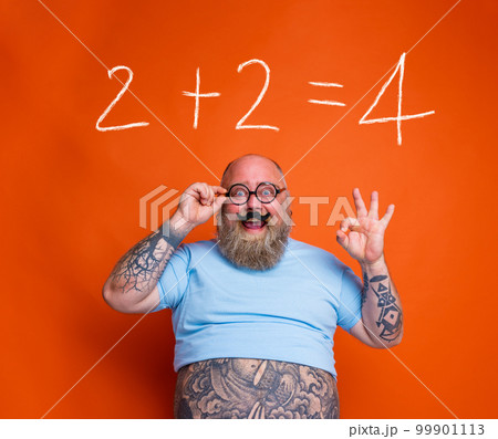 Happy fat man acts like a nerd person 99901113