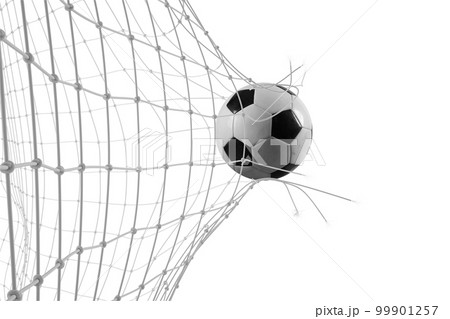 Soccer ball breaks through the net in a football match. 3d rendering Soccer ball breaks through the net in a football match. 3d rendering 99901257