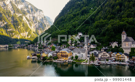 Stock Photos and Images of Top view of Hallstatt village, mountains background in Austria 99901448