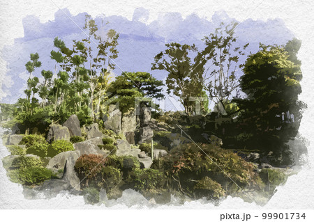 水彩画風　當麻寺　奥院　浄土庭園　奈良県葛城市 99901734