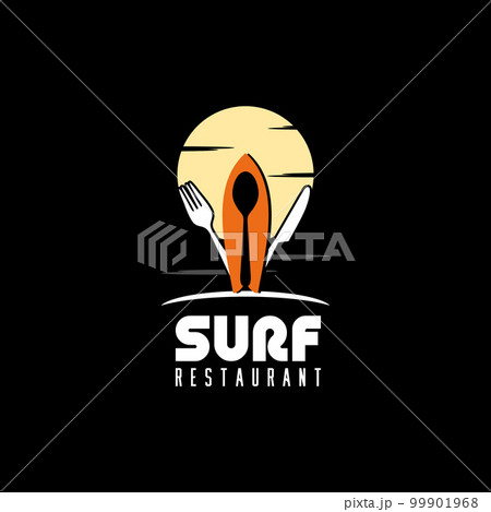 Sun, cutlery, and Surf Board for Beach Restaurant logo design Sun, cutlery, and Surf Board for Beach Restaurant logo design 99901968