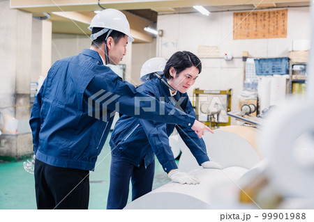 印刷工場でロール紙の確認をする作業員 印刷工場でロール紙の確認をする作業員 99901988