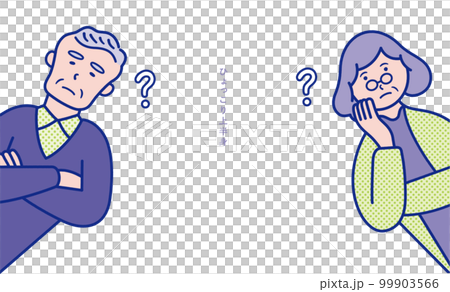 Illustration material [set] of an image in which the upper body of a senior man and woman who feels doubts is popping out from the side 99903566