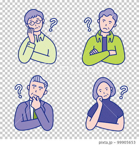 疑問を感じているシニアの男女の上半身イラスト素材【セット】 99905653