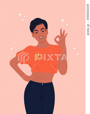 Endometriosis Awareness Ribbon. World endometriosis awareness day. An African American woman and a symbol of women's health.Vector flat illustration. 99906009