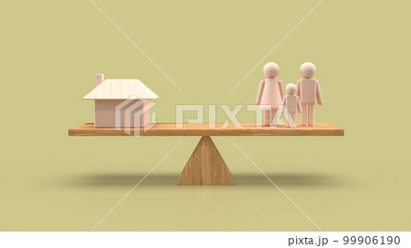 住宅ローンと家族のバランスのシーソーの3Dイラストレーション 99906190
