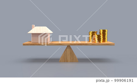 住宅とローンのシーソーバランスの3Dイラストレーション 99906191