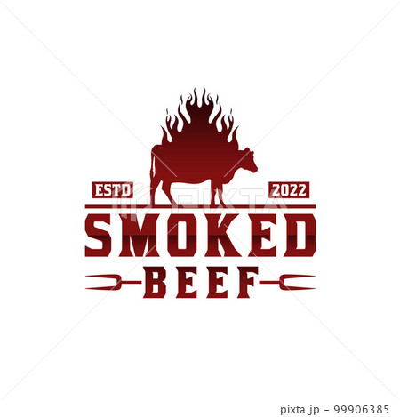 Smoke Grilled Beef Cow Angus, Burning angus silhouette, Cow with Fire Flame Vintage Logo design 99906385