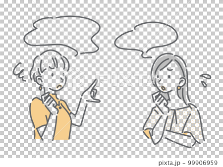 会話をする二人の若い女性　シンプルでお洒落な線画イラスト 99906959