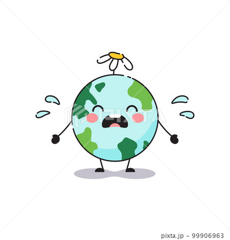 Planet earth is sad and crying. Planet earth character with flower vector illustration isolated on white background. Planet earth is sad and crying. Planet earth character with flower vector illustration isolated on white background. 99906963