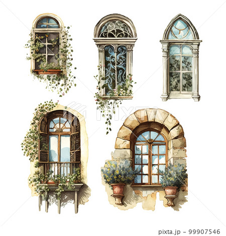 Vintage watercolor old european balcony window set the different windows with different shapes sizes and colors vector illustration 99907546