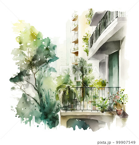 Houseplants on the balcony. Room full of plants, view through the window. Urban jungle concept Watercolor 99907549