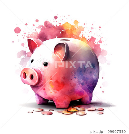 Piggy Bank and Coins - Investment Watercolor Vector hand drawn painted 99907550