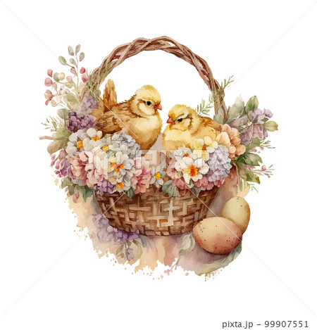 Happy easter Vector cute classic illustrations of easter eggs in a basket of flowers, chick, greeting text for a greeting card, poster or background 99907551