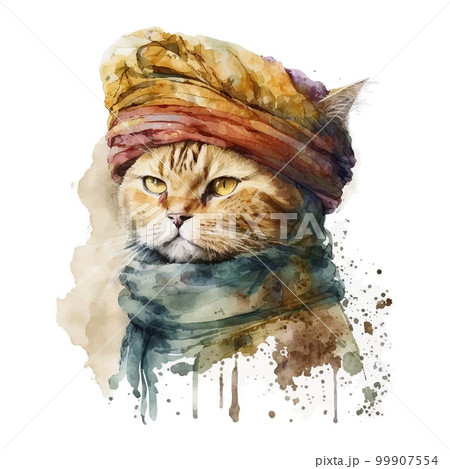 Turkish Cat with coffee cup. Muslim cat with turban. Watercolor Vector illustration for coffee houses. Isolated on white background. Can be used for menu, logo or flyer, greeting card, design t-shirt 99907554