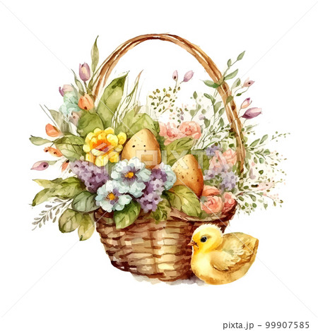 Happy easter Vector cute classic illustrations of easter eggs in a basket of flowers, chick, greeting card, poster 99907585