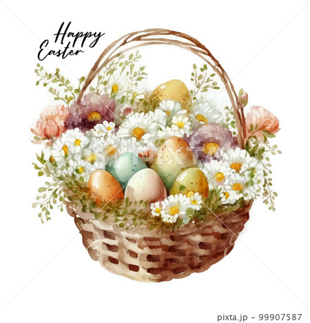 Happy easter Vector cute classic illustrations of easter eggs in a basket of flowers, chick, greeting text for a greeting card, poster or background 99907587