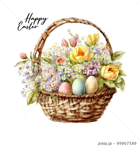 Happy easter Vector cute classic illustrations of easter eggs in a basket of flowers, chick, greeting text for a greeting card, poster or background 99907589