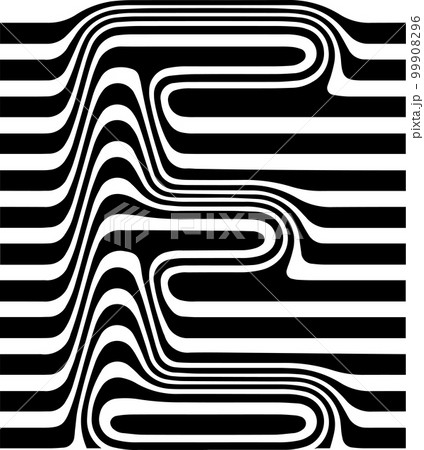 Liquified letter E, 3d striped sign, optical illusion font for opart style logo and monogram. Vector typographic design 99908296