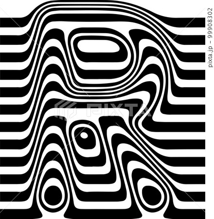Liquified letter R, 3d striped sign, optical illusion font for opart style logo and monogram. Vector typographic design 99908302