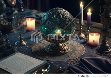 Crystal magic ball and burning candles on wooden table at night. Fortune telling and reading future. Astrology horoscope, esoteric and spiritual growth concept. Created with Generative AI 99909202