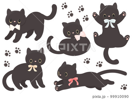 リボン黒猫と足跡セットのイラスト素材 [99910090] - PIXTA