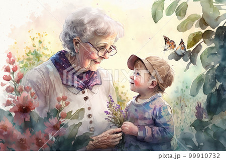庭で孫に花を見せるおばあちゃんのイラスト素材 [99910732] - PIXTA
