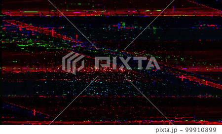 Pixel glitch electronic distortion. Internet interference. Blur neon red green blue color grain texture noise digital artifacts on dark black abstract illustration background. 99910899