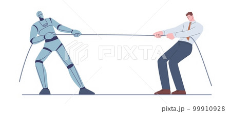 Robot vs person competition. Machine doing challenge to person, career battle. Businessman corporate struggle with artificial intelligence, kicky vector scene Robot vs person competition. Machine doing challenge to person, career battle. Businessman corporate struggle with artificial intelligence, kicky vector scene 99910928