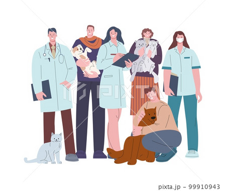 Veterinarian and patients, cats and dogs with owners. Happy people with pets. Medical help for animals, cartoon flat doctors. Vector portrait characters 99910943
