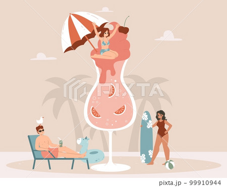 Sweet summer vacation cartoon scene with giant milk shake cream and tiny people. Relax and swim, outdoor beach or pool snugly party vector concept Sweet summer vacation cartoon scene with giant milk shake cream and tiny people. Relax and swim, outdoor beach or pool snugly party vector concept 99910944