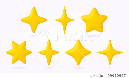 Yellow stars 3d icons, business star achiever symbol. Mobile service review feedback elements. Rendering high quality, rating, premium and win pithy vector set 99910947