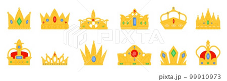 Flat golden crown, king coronation crowns and diadem. Monarch vintage crowned elements. Queen and princess gold royal symbols, decent vector icons 99910973