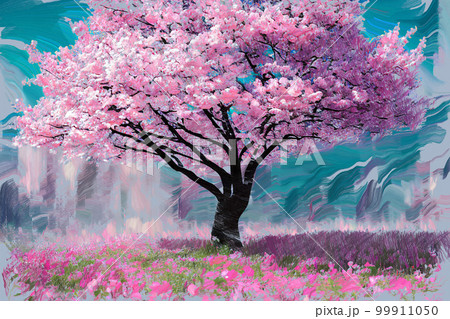 Pink sakura cherry blossom tree digital artのイラスト素材