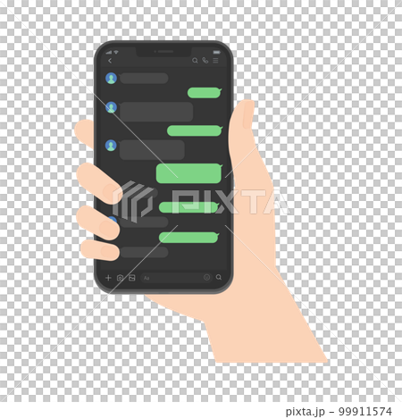A person's hand holding a smartphone and a talk screen - Image of a smartphone message app - Dark mode A person's hand holding a smartphone and a talk screen - Image of a smartphone message app - Dark mode 99911574