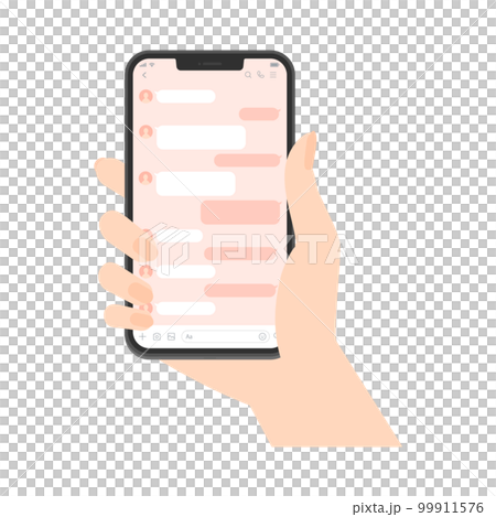 A woman's hand holding a smartphone and a talk screen-Image of a smartphone/message app-Pink A woman's hand holding a smartphone and a talk screen-Image of a smartphone/message app-Pink 99911576