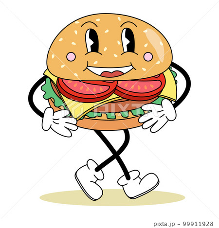 Retro style cute cheeseburger cartoon character with face, arms and legs, vector 99911928