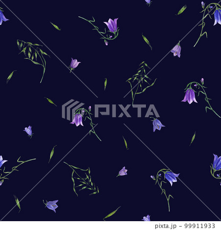 Watercolor seamless pattern of bluebells, wild oats isolated on dark background. For postcard, poster, scrapbooking, invitations, background, prints, wallpaper, fabric, textile, wrapping. Watercolor seamless pattern of bluebells, wild oats isolated on dark background. For postcard, poster, scrapbooking, invitations, background, prints, wallpaper, fabric, textile, wrapping. 99911933