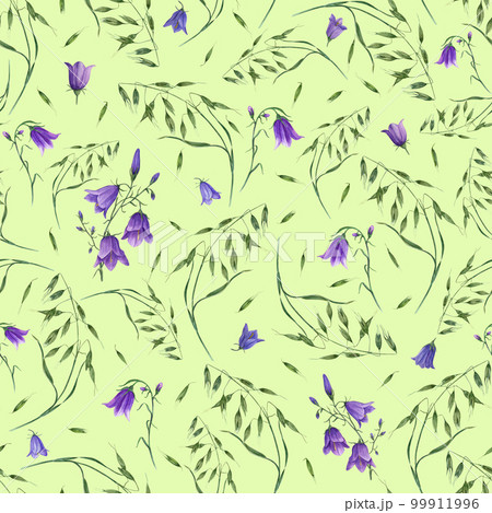 Watercolor seamless pattern of campanula, wild oats isolated on green background. For postcard, poster, scrapbooking, invitations, background, prints, wallpaper, fabric, textile, wrapping. Watercolor seamless pattern of campanula, wild oats isolated on green background. For postcard, poster, scrapbooking, invitations, background, prints, wallpaper, fabric, textile, wrapping. 99911996