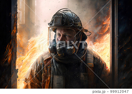 Firefighter work in burning building, fireman on fire background, generative AI 99912047