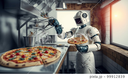 The Future of Civilization and Humanity. Robot chef makes and bakes pizza in the kitchen .Generative AI 99912839